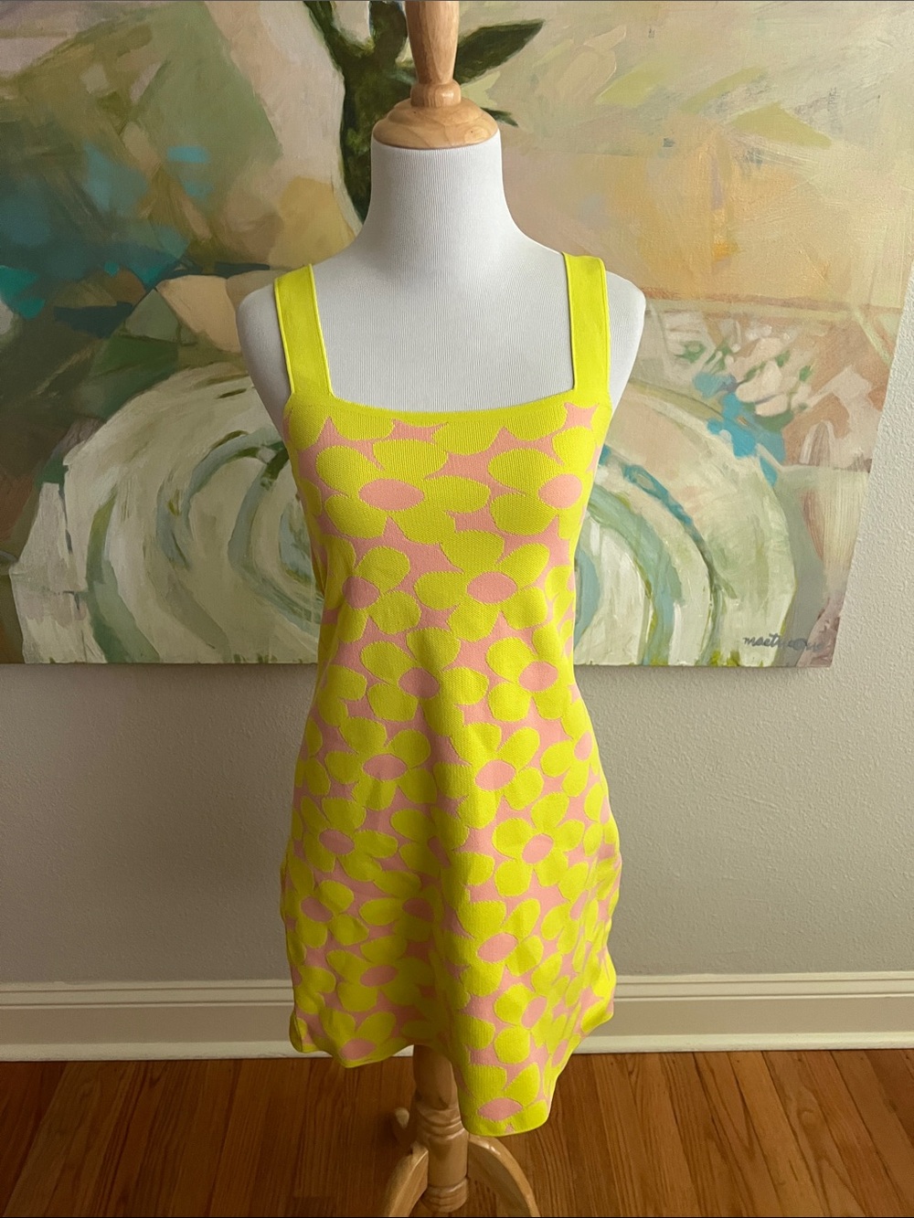 Zara Knit Dress Yellow Pink Floral Sleeveless Mini dress retro 60s 70s‎ small